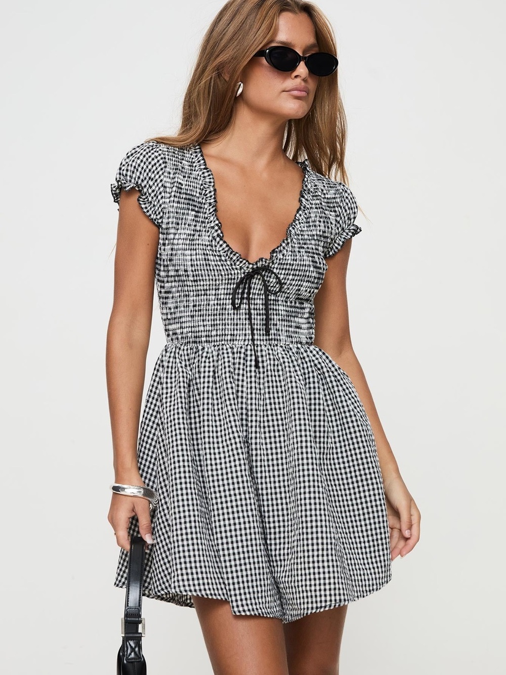 Princess Polly Wescott Gingham Ruffle Tie-Front Playsuit - Black/White